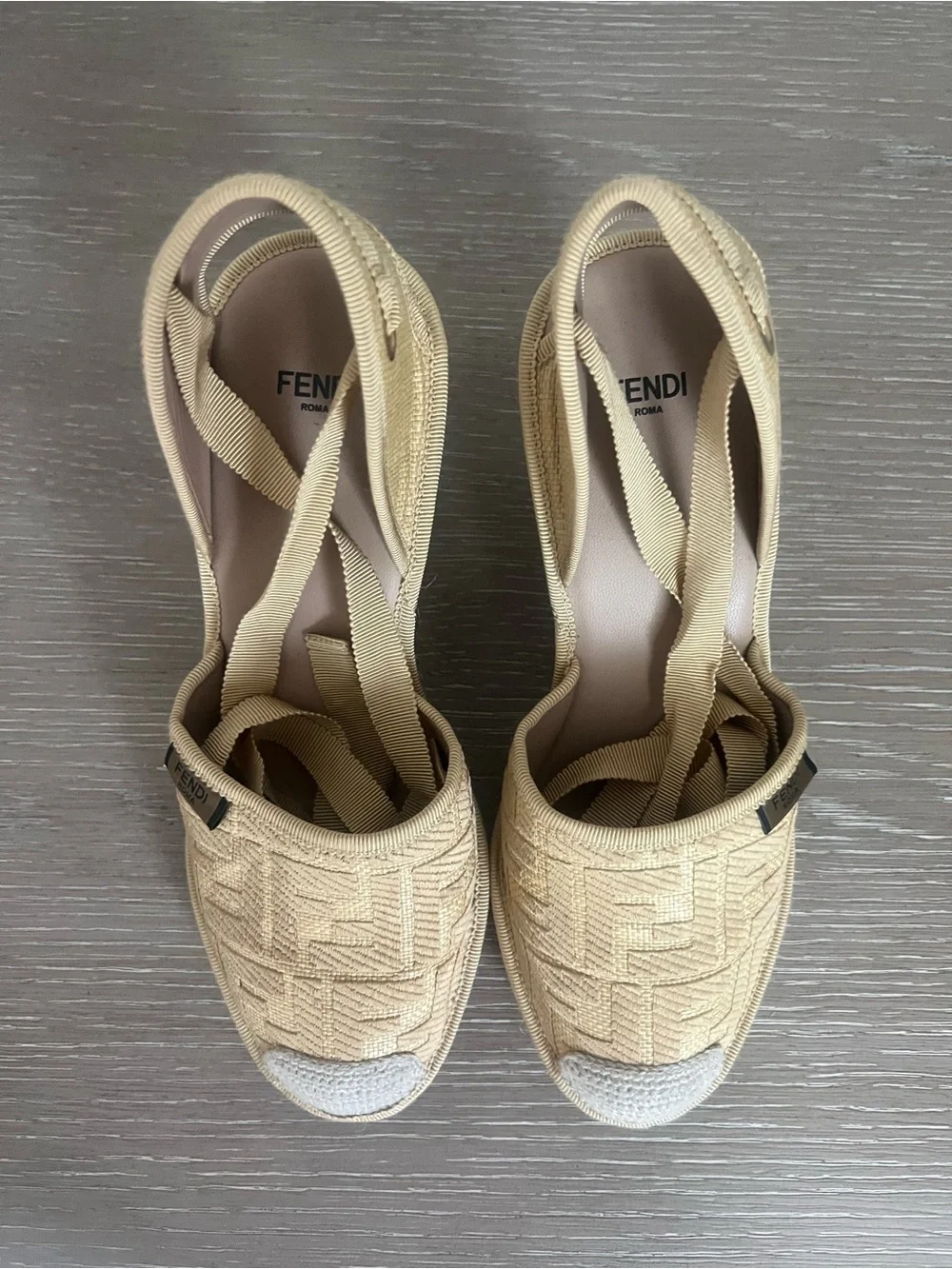 Fendi Cream Espadrille Wedge Tie-Up Sandals